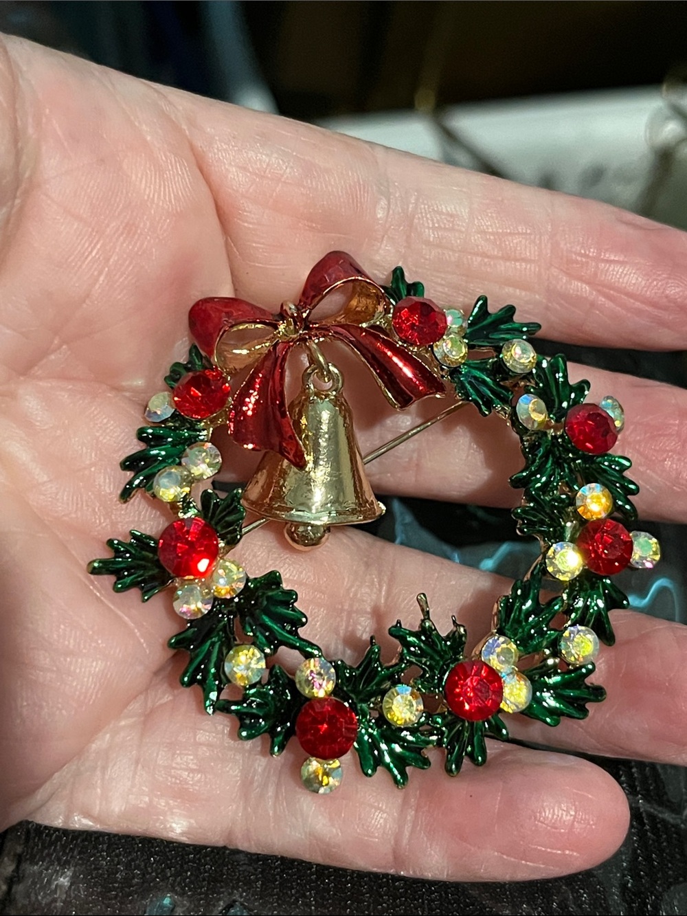 Festive Wreath Brooch with Red & Clear Rhinestones Gold Bell Enamel Greens& Bow